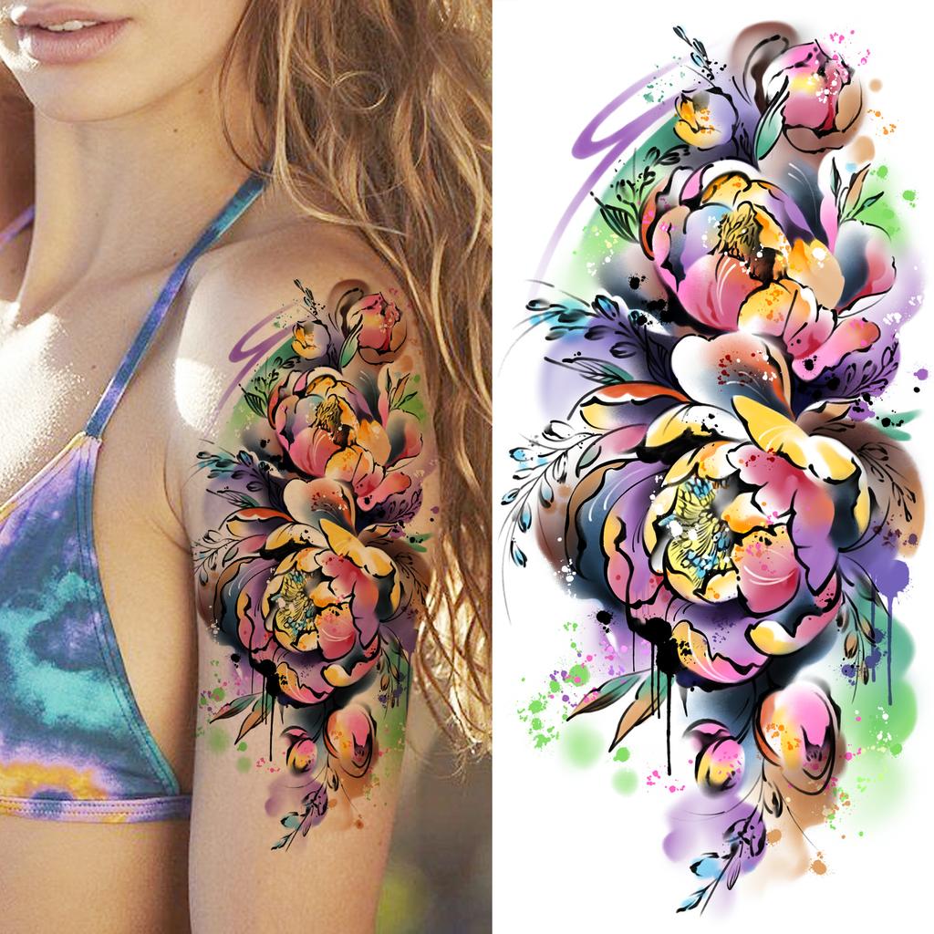 1 Sheet Black Flower Temporary Tattoos For Women Girls Realistic Fake Flora Floral Peony Tattoo Sticker Body Art Painting Decal