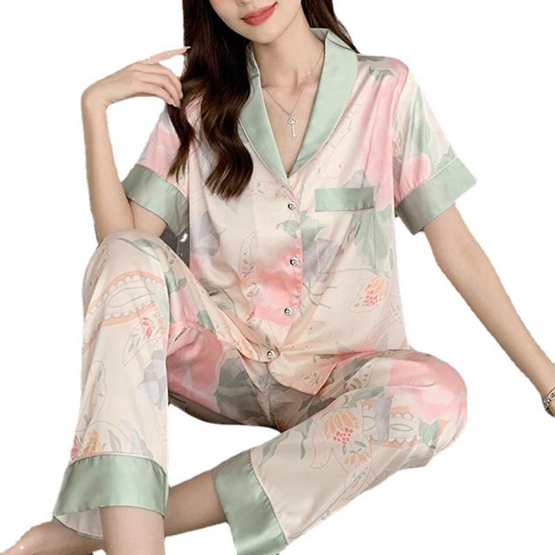 Casual Short-Sleeved Trousers Pajamas Women'S Summer Palace Style Thin Imitation Silk Loungewear