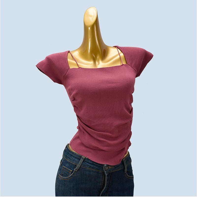 Square Collar Knitted Short Sleeve T-shirt Women 2025 New Popular Summer Slim Fit Design Sense Gyaru Short Top
