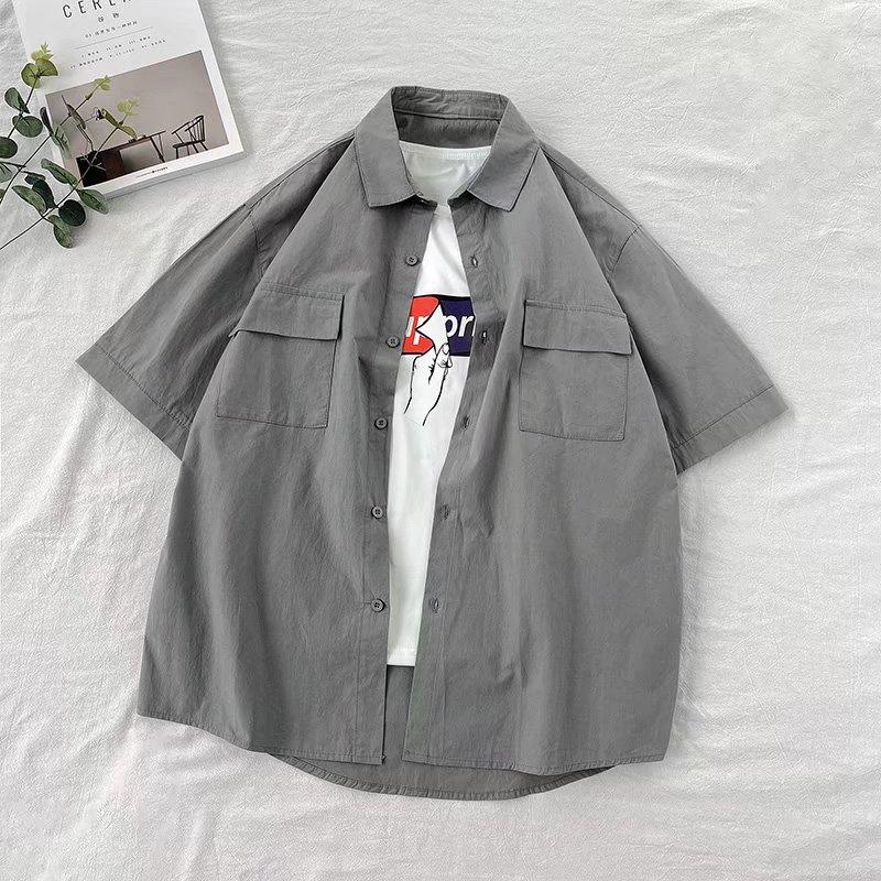 Solid Color Short Sleeve Shirt, Unisex Summer Korean Style Cool Workwear Top Trendy Loose Fit Shirt Jacket