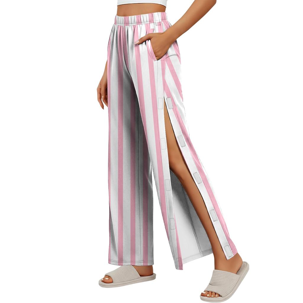 Women Striped Side Hook and Loop Closure Easy Open Post Surgery Recovery Pants Elastic Waistband Long Length Medical Care Trousers
