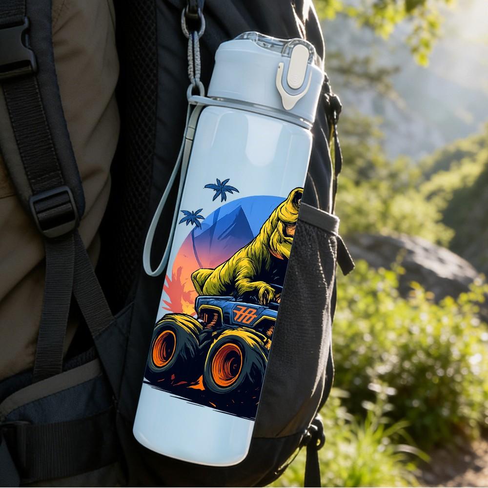 1PC Dinosaur Monster Truck Art 750ml Color Plastic Sports Water Bottle Leakproof Flip Straw Lid Suitable for Sports Office Home Use