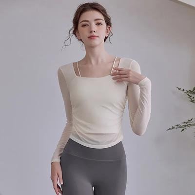 Womens Square Neck Mesh Long Sleeve Yoga Top