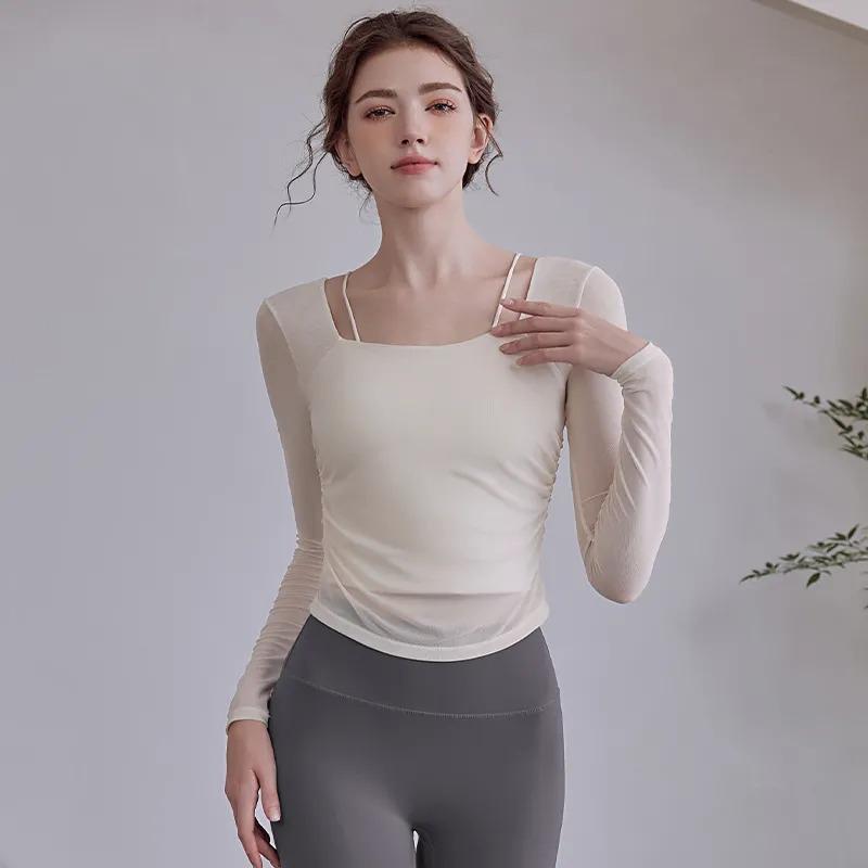 

Womens Square Neck Mesh Long Sleeve Yoga Top S белый