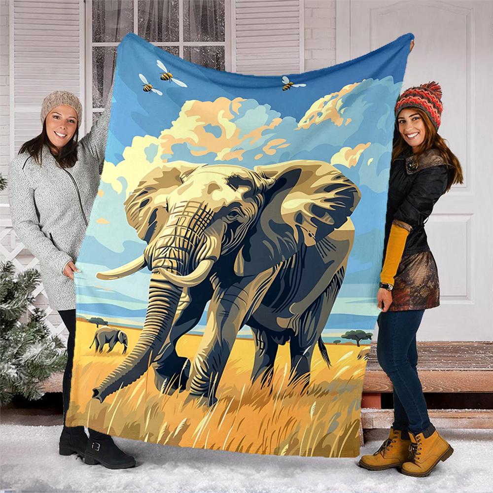 1pc African Elephant Print Outdoor Flannel Blanket, Cozy & Warm Soft Te Playful Design, Napping Camping,