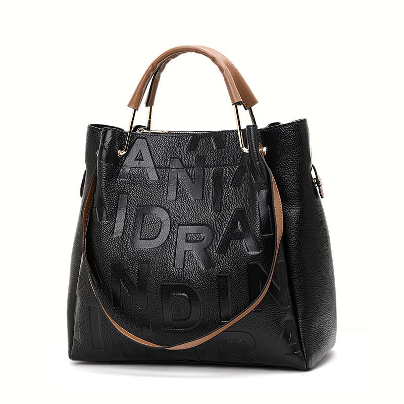 High End Black Women's Handbag with Large Capacity Made of High-quality Cowhide and Printed with Letters