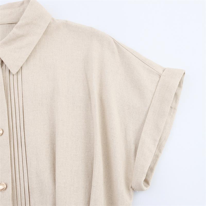 Women's Turn Down Collar Short Sleeve Midi Dress Loose Fit Mid Rise Linen Blend Shirt Dress With Matching Belt