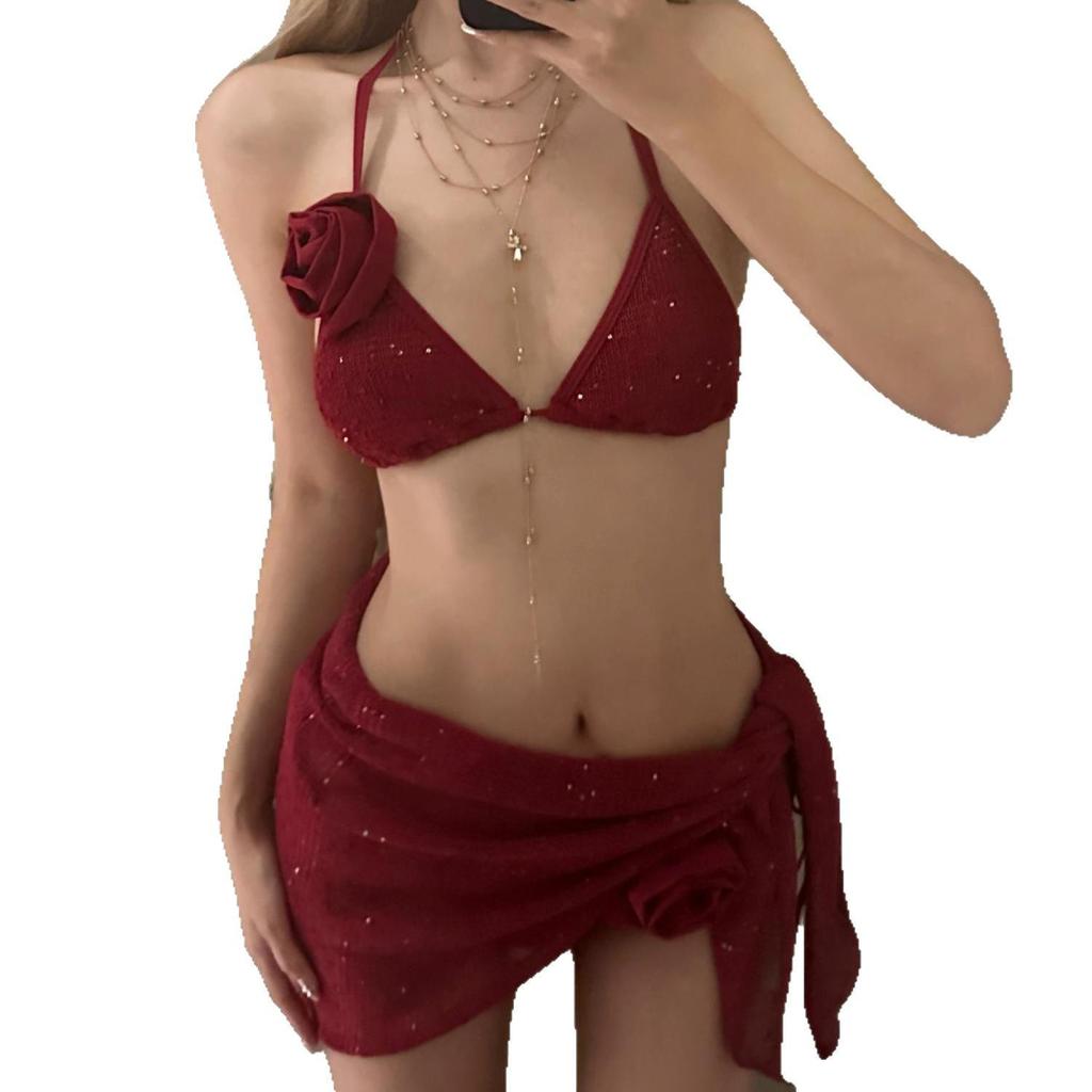 Pure Desire White & Red Triangle Bikini Set: Three-Piece Swimsuit for Women’s Beach Holiday