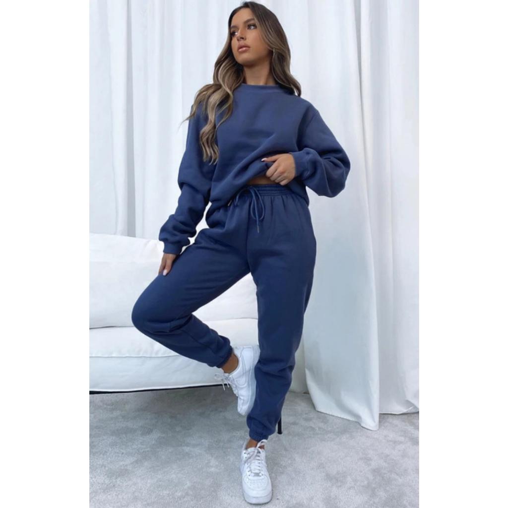 Autumn and Winter Solid Color Round Neck Pullover Long Pants Women's Fashion Casual Long Sleeved Sweatshirt Set