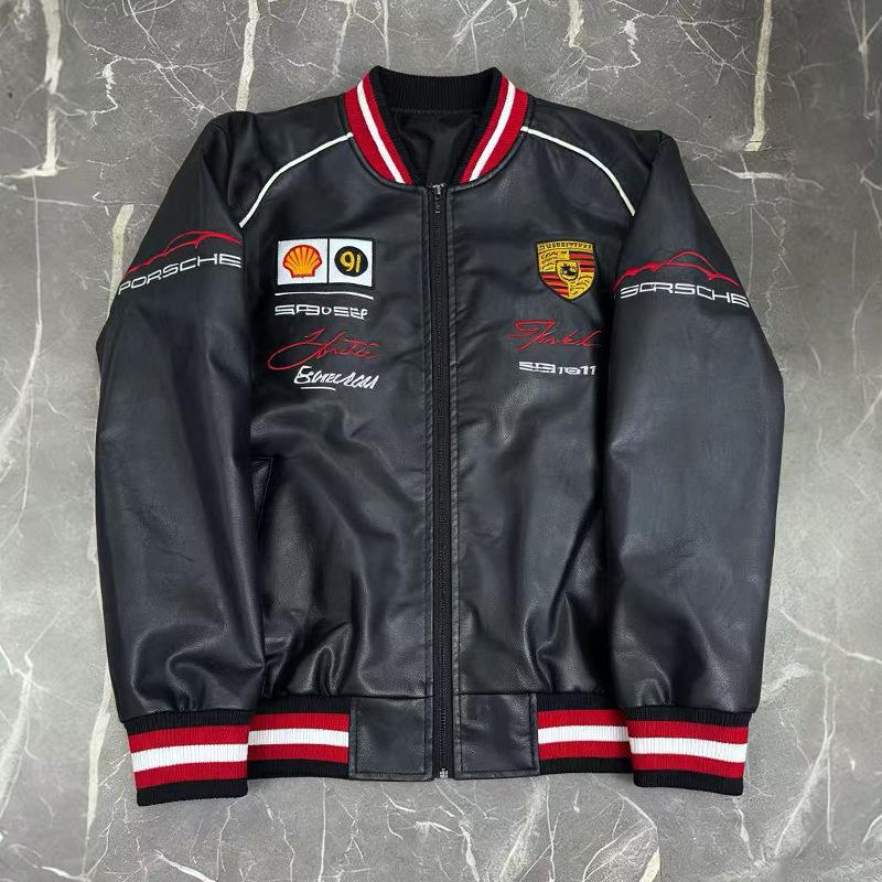 F1 Rennanzug Bestickte Lederjacke - Harley Retro Motorradstil, Baumwoll-Fahranzug, PU-Jacke