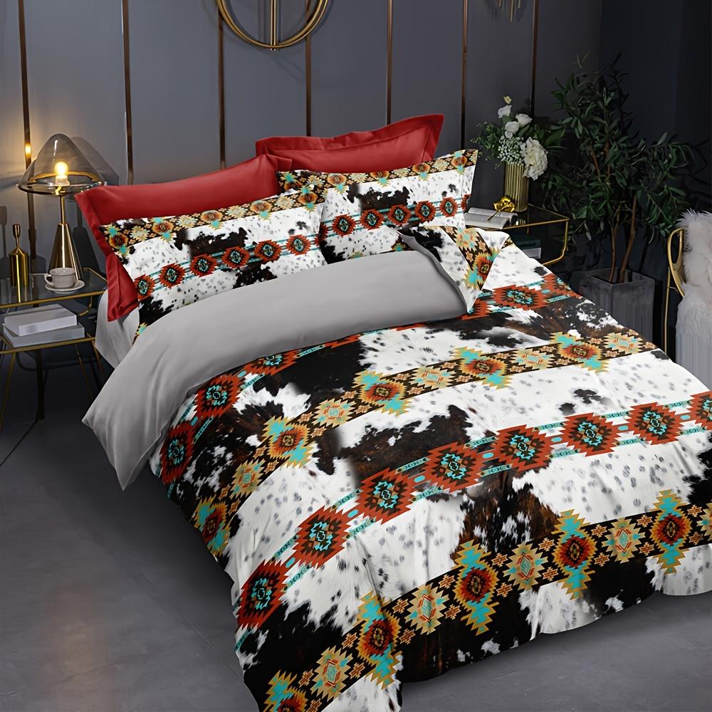 Duvet Cover Set (1*Duvet Cover + 2*Pillowcase) Ethnic Style Cow Print Bedding Set Soft Comfortable Duvet Cover For Bedroom