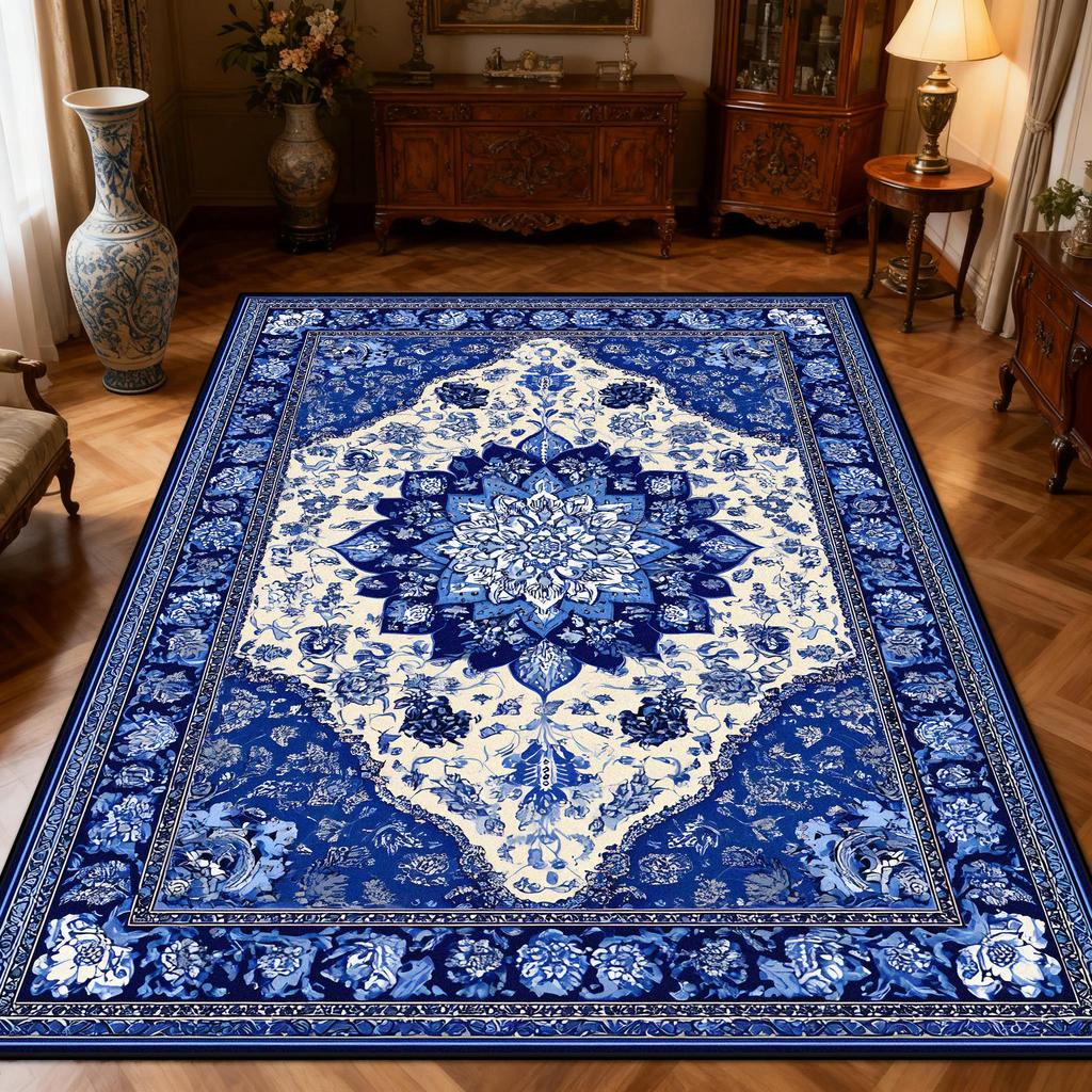 New Classical Carpet Decoration Bedroom Bedside Washable Short Velvet Rug Outdoor Balcony Foldable Soft Floor Mat Blue White