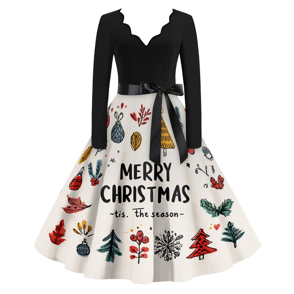 Women's Casual Fashion V Neck Christmas Printed Vintage Dress