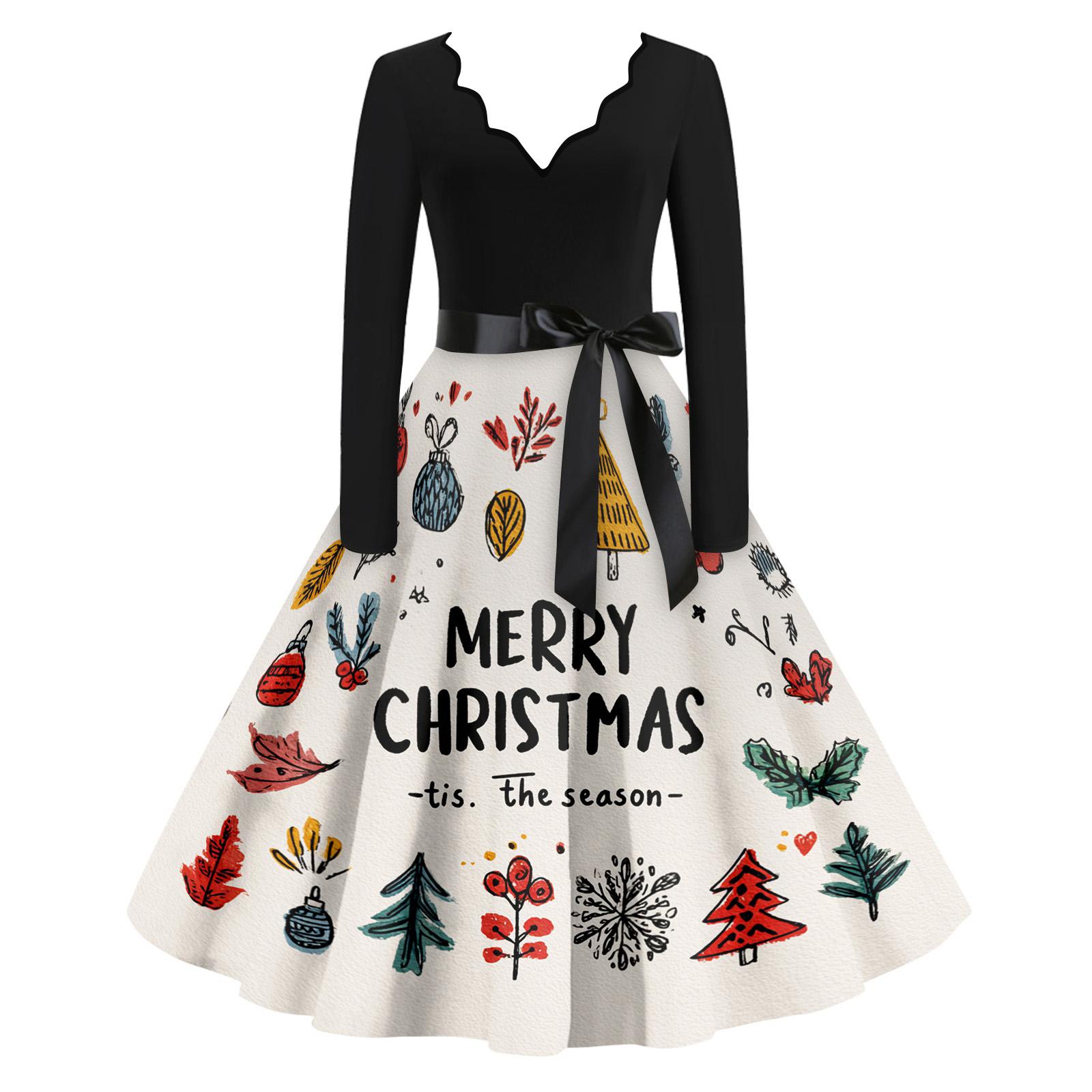

Women s Casual Fashion V Neck Christmas Printed Vintage Dress XL