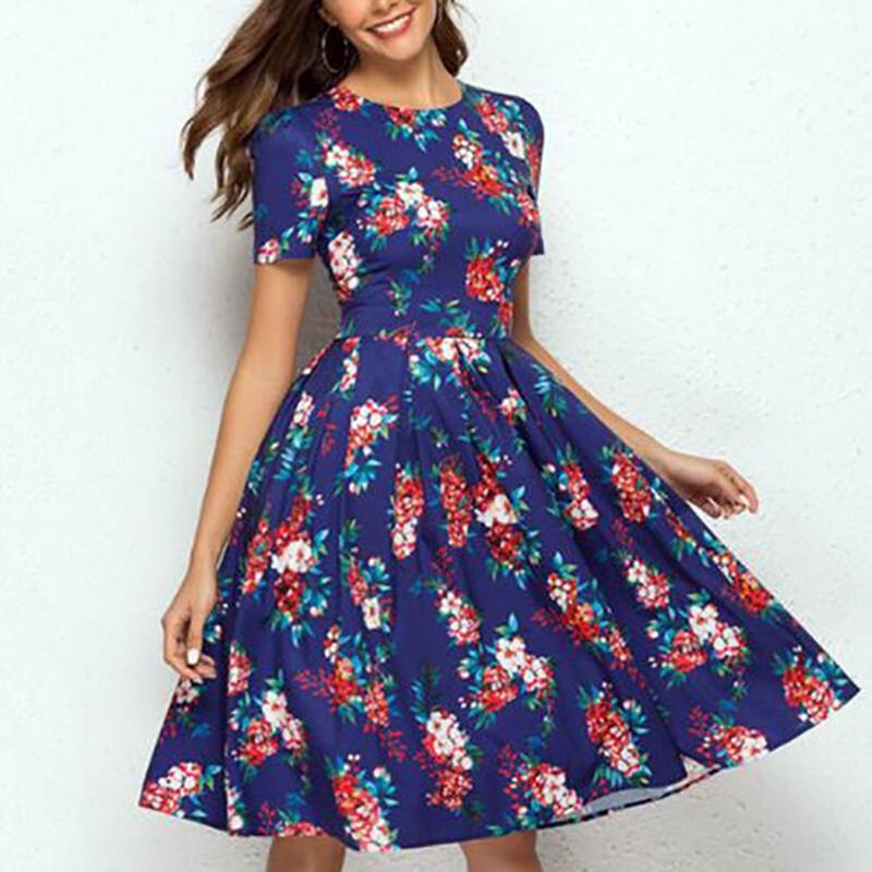 Summer Women Vintage A-line Dress Tunic With Long And Short Sleeve Floral Print