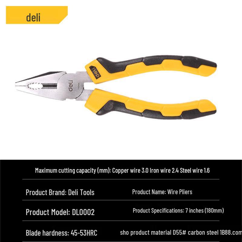Deli Tools 6.78-Inch Industrial Steel Wire Flat Jaw Cutting Pliers for Electrician and Household Use, Model DL0001.