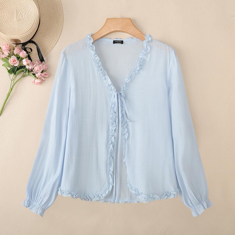 

VONDA Women V Neck Long Sleeve Ruffled Hem Semi-Sheer Casual T-shirts Blouse 5XL синий