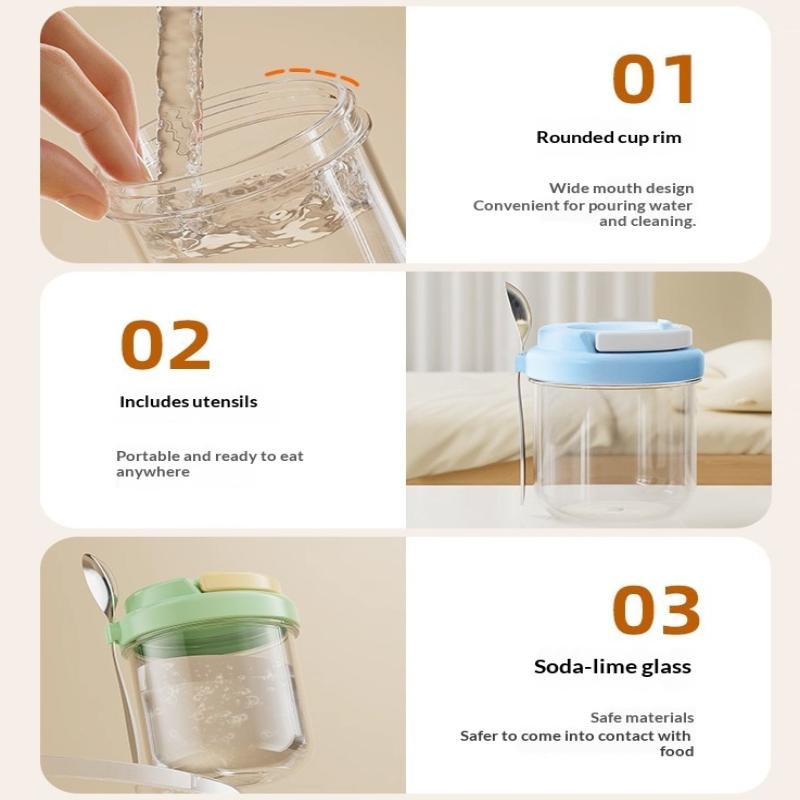 Food Safe Thick Glass Overnight Oats Cup Leakproof Lid Stainless Steel Spoon Reusable for Breakfast Chia Pudding Camping Trips