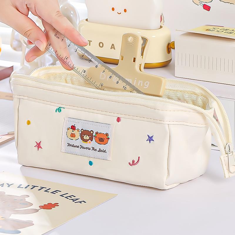 1pcs Three Cartoon Bear Pencil Bag Pen Case Embroidery Design Large Opening Cute Portable Storage Pouch Student
