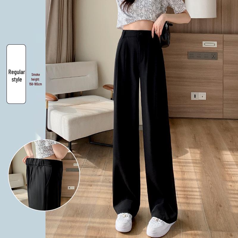 Women's 145cm Pink Ice Silk Wide-Leg High-Waist Pants - Petite, Summer, Thin, Straight Leg.