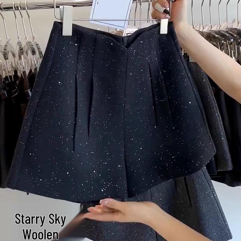 

Женские шерстяные шорты с пайетками «Звездное небо» - Зимние А-силуэта, маленького размера, для ягодиц 3XL чёрный