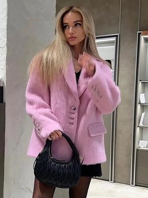 Pink Lapel Woolen Plush Coats Women Elegant Long Sleeve Button Office Lady Blazer Jacket Winter Fashion Packet Loose Coat