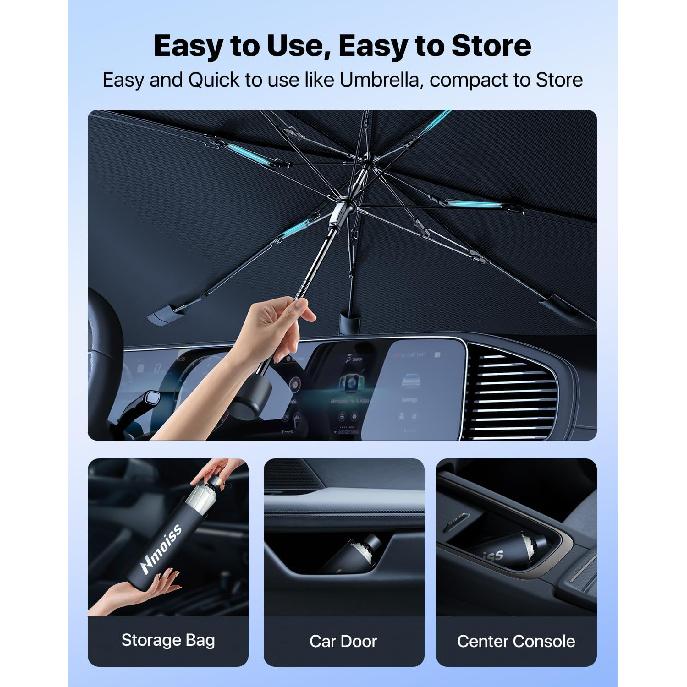 Upgrade Nmoiss Windshield Sun Shade Umbrella - [Vinyl Coating Heat Shield] Protect Car from Sun Rays & Heat Damage Keep Cool and Protect Interior,