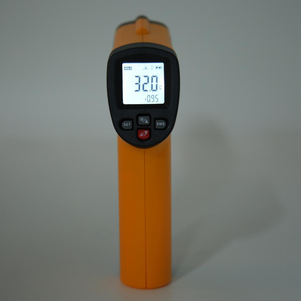 Infrared thermometer - handheld temperature measuring device for industrial use with   emissivity for industrial temperature tests