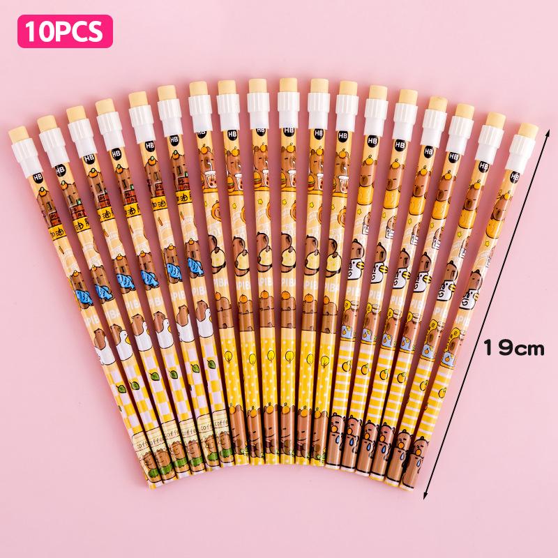 10Pcs Wooden Pencils With Eraser Cartoon Pencils With Colorful Eraser Office Supplies Student Stationery Birthday Gifts