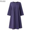 ZANZEA Women Casual Round Neck Solid Color 3/4 Sleeve Loose Dress