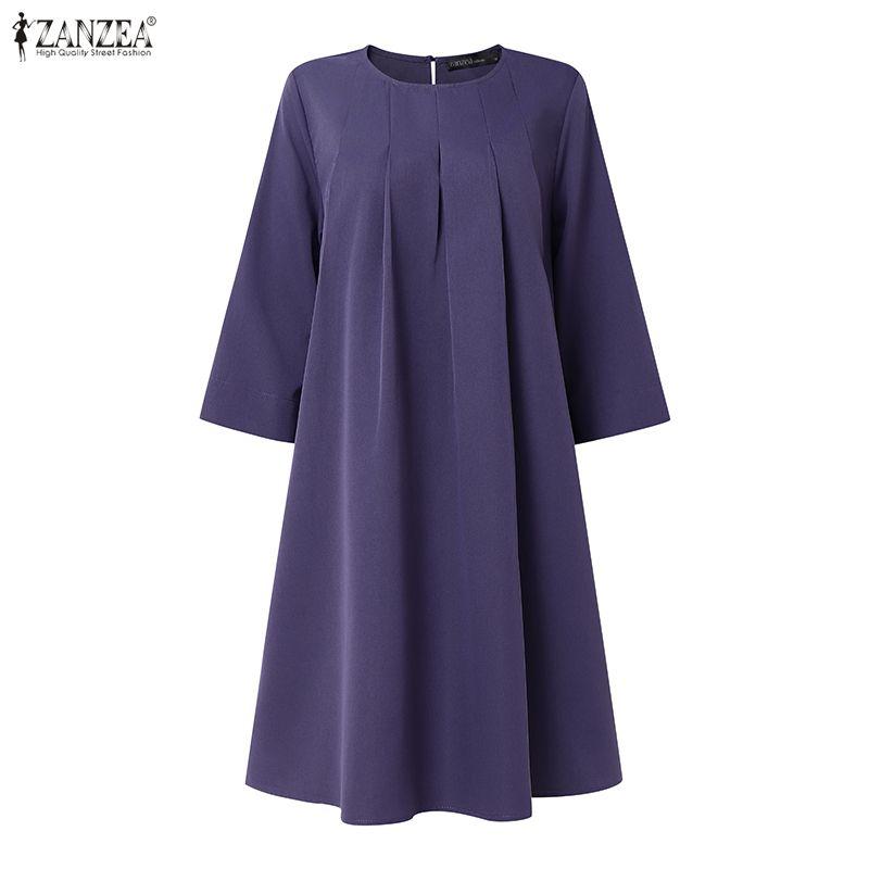 ZANZEA Women Casual Round Neck Solid Color 3/4 Sleeve Loose Dress