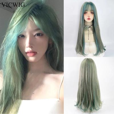 Long Straight Green Mixed Wigs with Bangs Synthetic Lolita Cosplay Natural Women Hair Wig for Daily Party