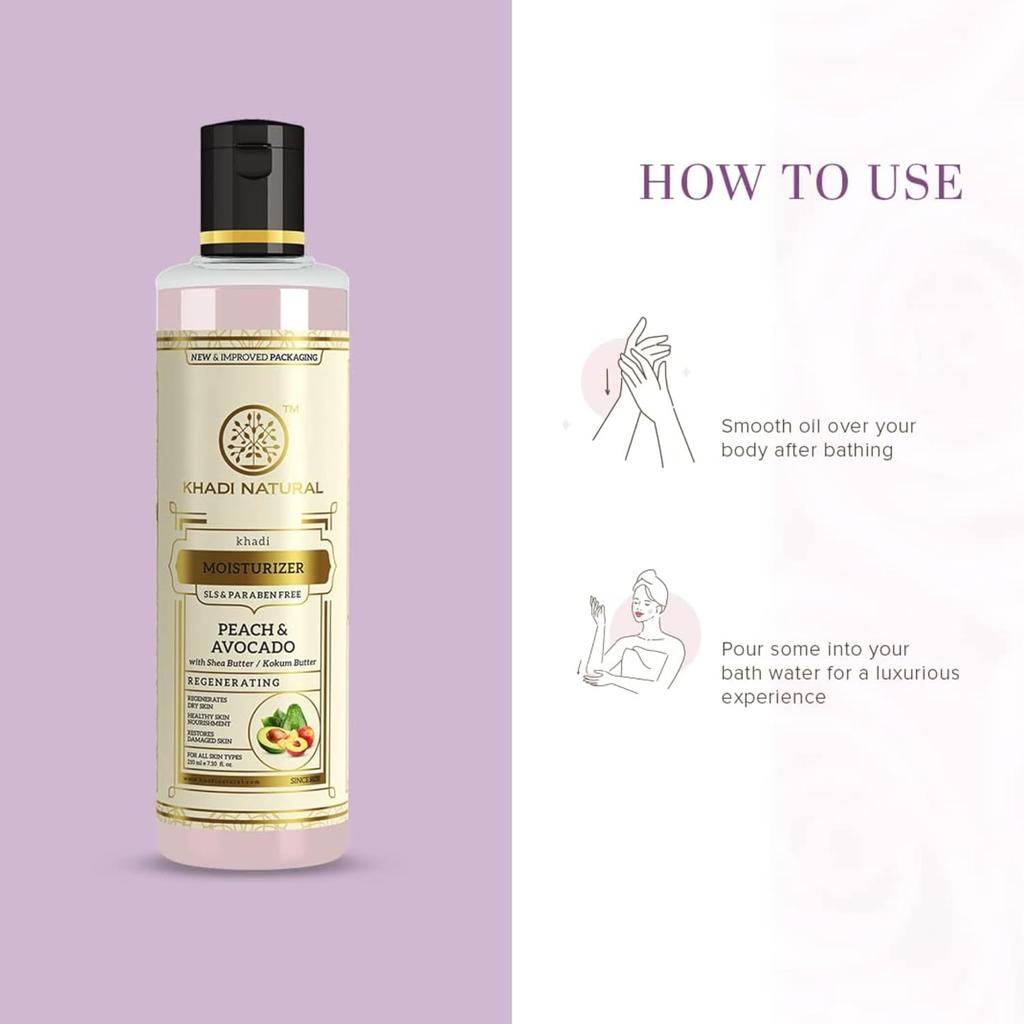 KHADI NATURAL Peach and Avocado Herbal Moisturizer With Shea and Kokum Butter 210 Ml Pack of 1 for Soft Skin