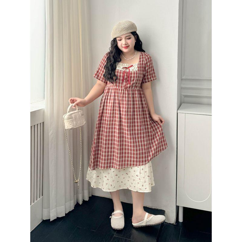 Plus size women clothing [Idyllic Dream] Chubby Girl Slimming Red Plaid Dress Lace Stitching Cherry Floral Dress