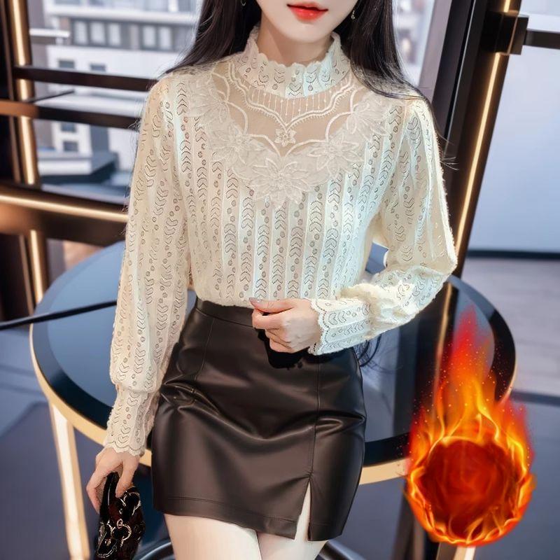 

Шикарный и универсальный: Женские кружевные топы с осенне-зимним дизайном, высокий воротник, рубашка в стиле вестерн с бархатной подкладкой XXXL абрикосовый