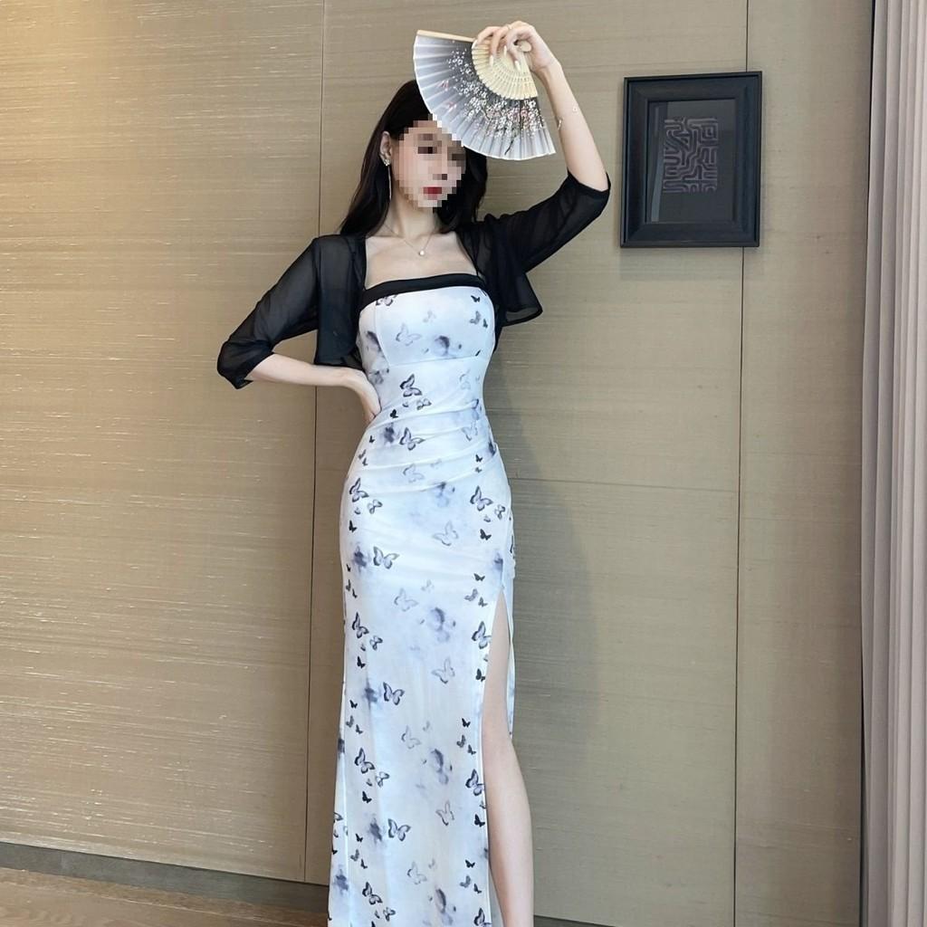 Vintage Floral Print Knit Dress With Side Slit For Summer Casual Wear
