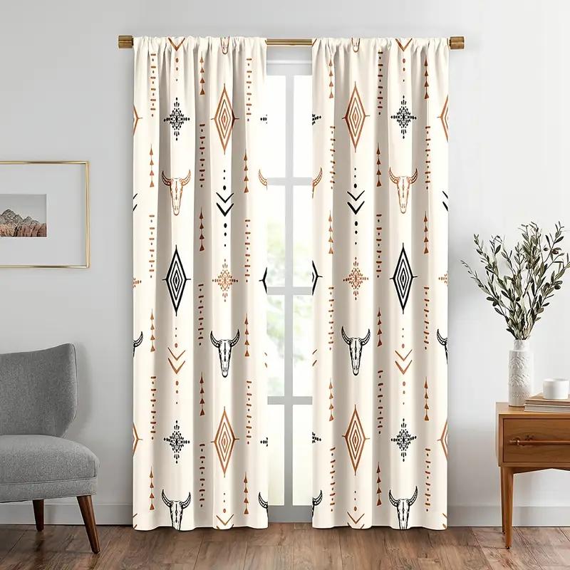 2pcs Boho Tribal Bull Skull Printed Curtains, Designed for Light Filtering, Quality Material, Ideal for Western Style Home Windo