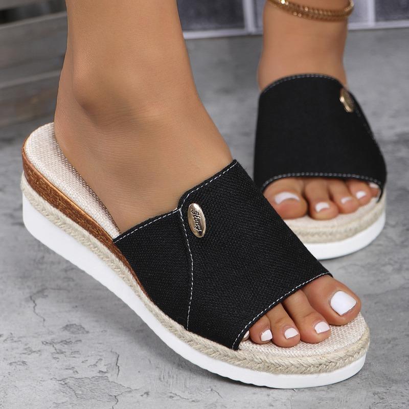 Women Canvas Wedge Slippers 2025 Summer New Fashion Elegant Peep Toe Platform Shoes Large Size Ladies Sandals Zapatos De Mujer