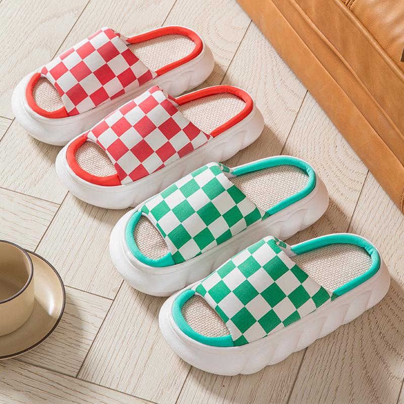 Four Seasons Linen Thick-soled Slippers Checkerboard Simple Home Non-slip Cool Slippers Couple Wooden Floor Mop