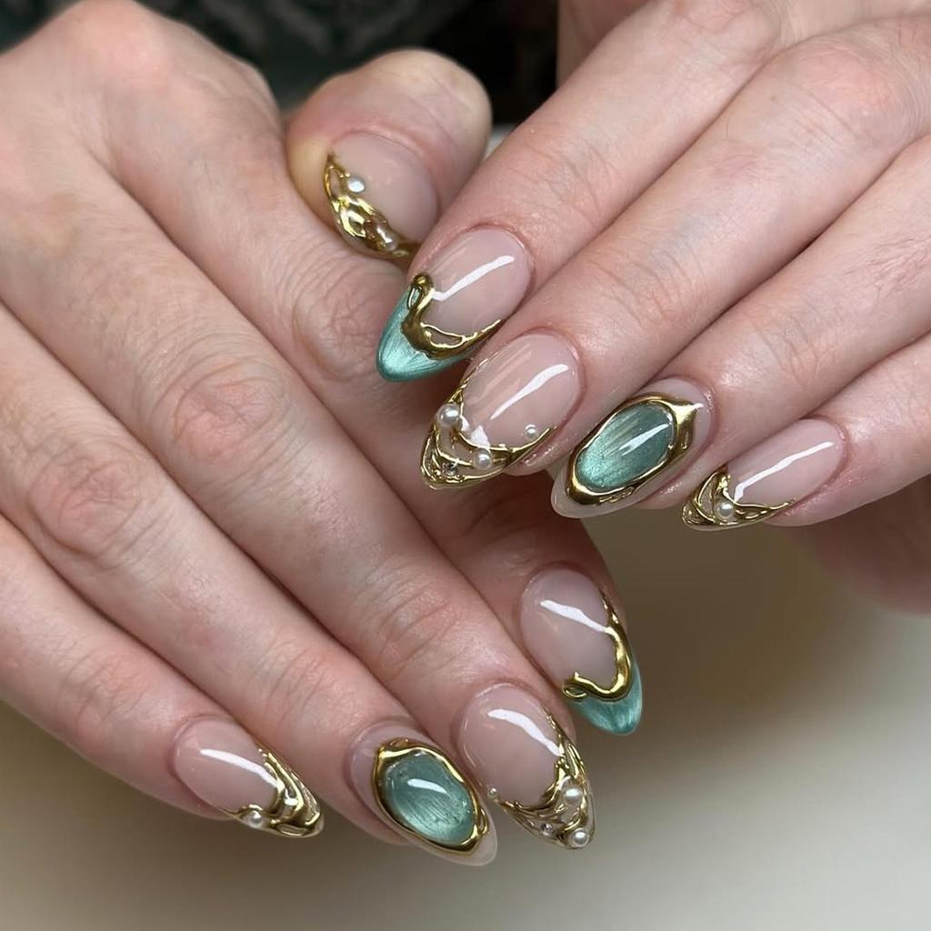 24pcs French Almond Press on Nails Flower Pattern False Nails Wearable Stick-on Nail Fake Nail Uñas Postizas