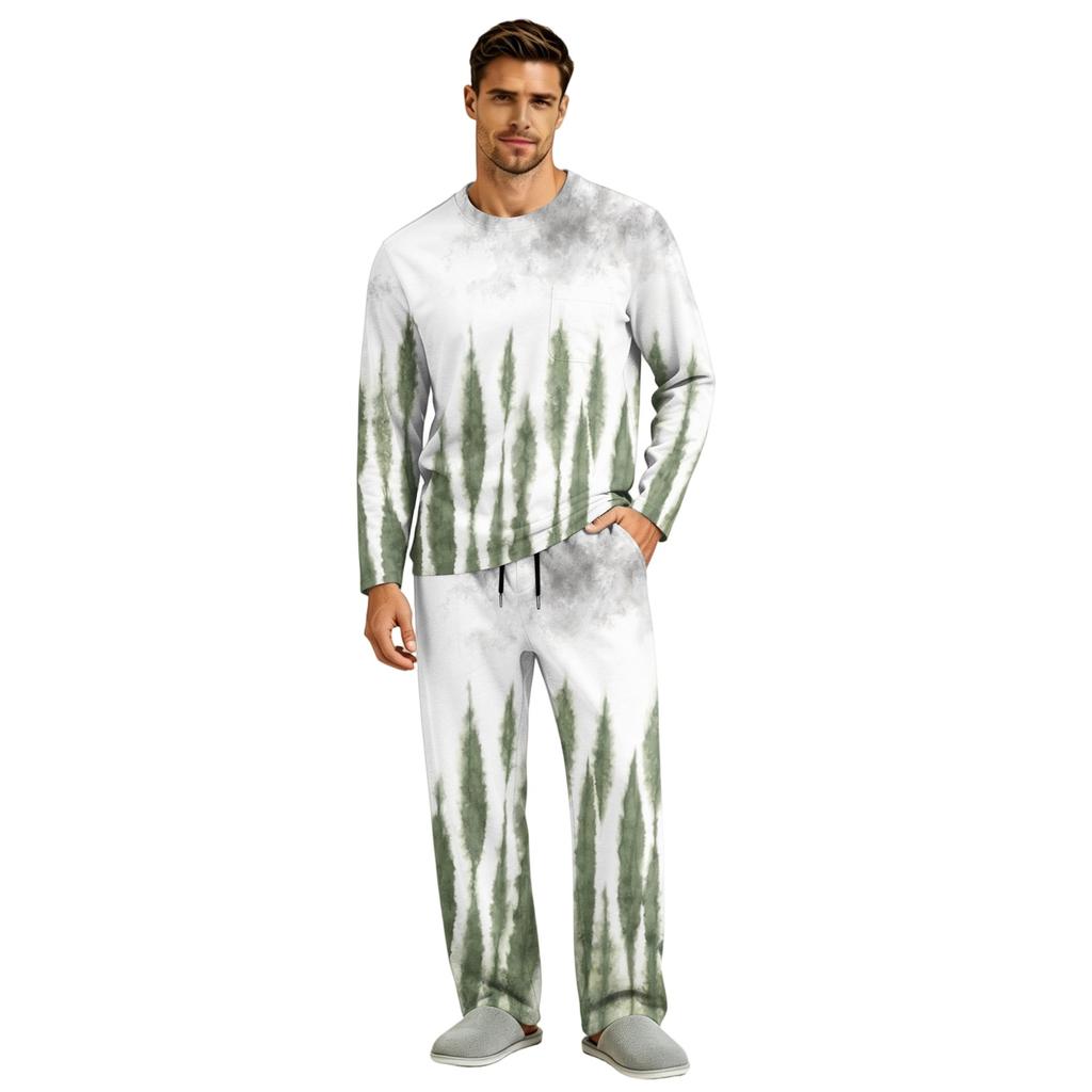 Men's Long Sleeve Pajama Set with Button Fly and Elastic Drawstring Waist for Home Sleepwear