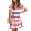 Women's Summer V-neck Casual Beach Dress Short Sleeve Plaid Print Dress