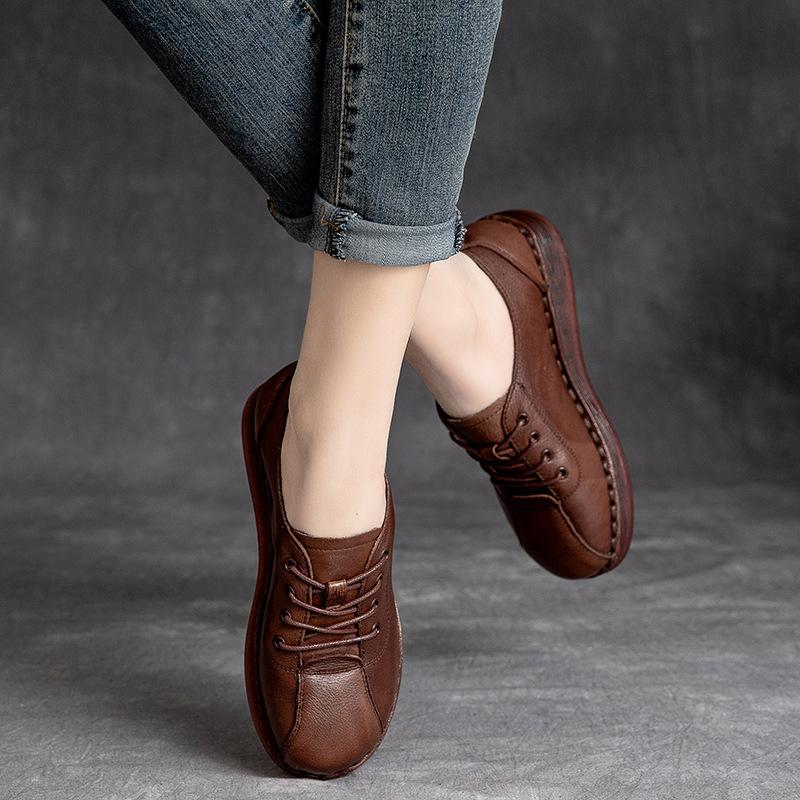 Fashion GKTINOO Genuine Leather Soft Sole Women's Shoes 2025 Spring New Vintage Round Toe Lace-up Versatile Comfortable Flat Shoes