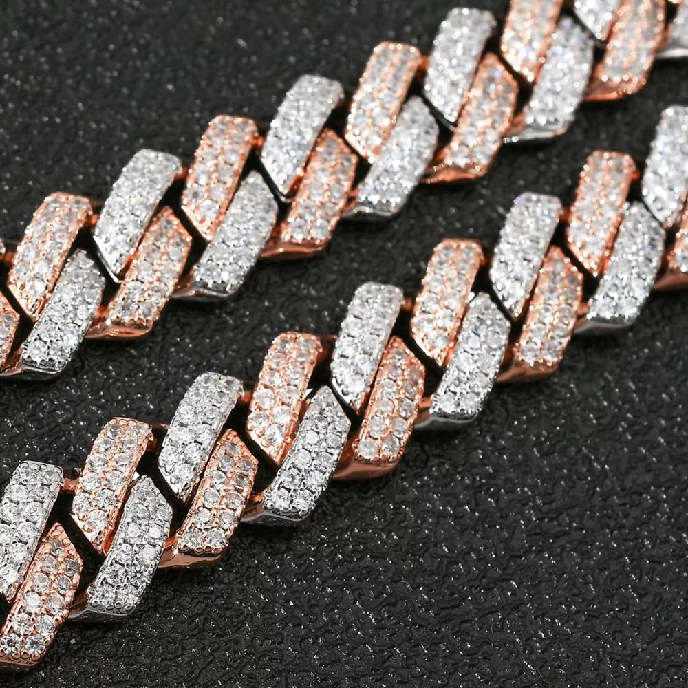 Hot Selling Hip Hop Jewelry 14mm Bling CZ Iced Out Rose Gold and Rhodium Plated Two Tone Prong Cuban Link Bracelet