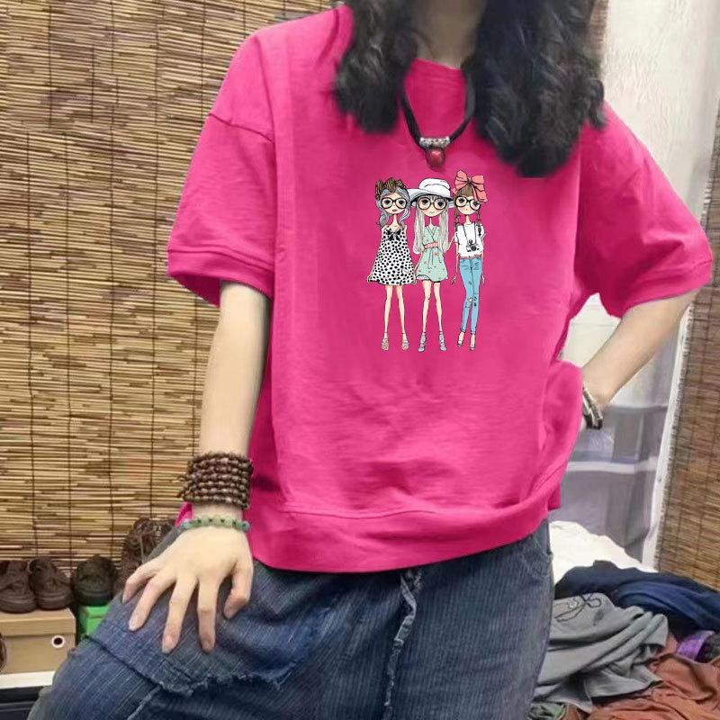 100% Cotton Women's Casual Half Sleeve Slimming Print T-Shirt, New Loose Fit, Plus Size, INS Trend