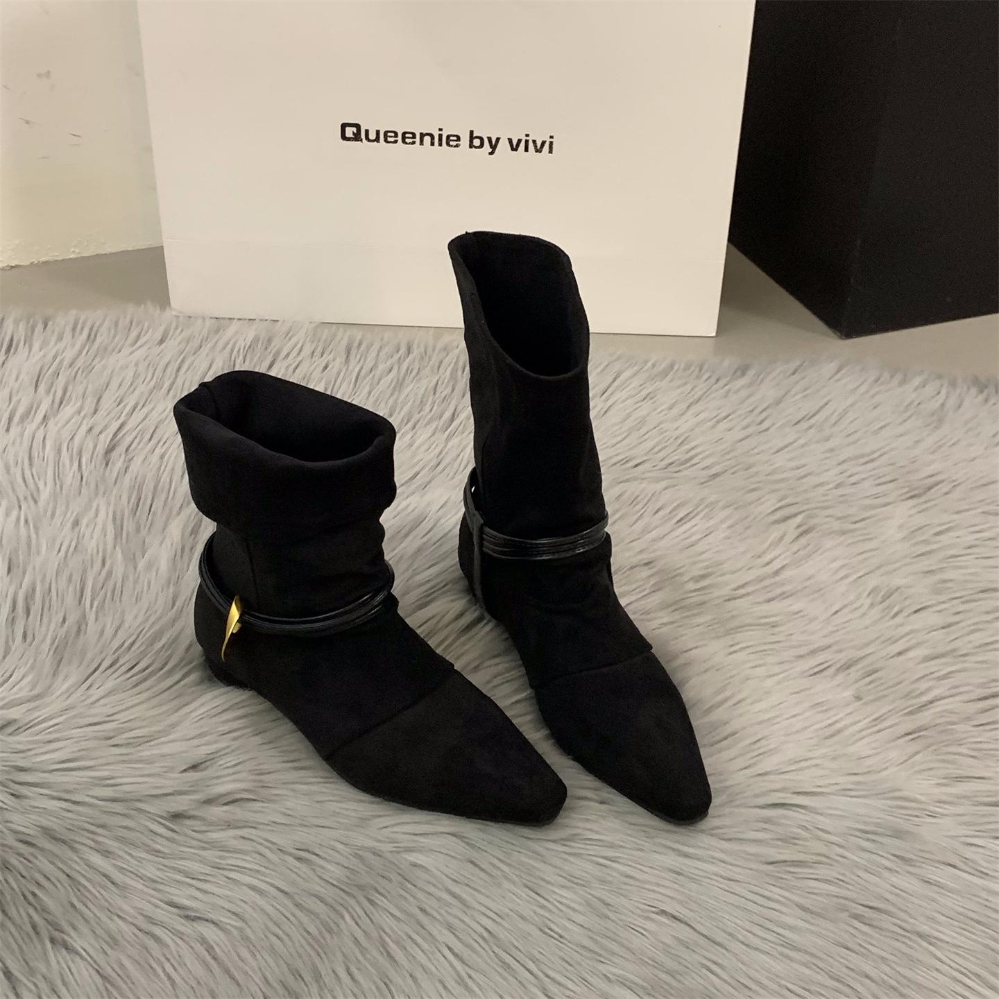 

Thick heel suede mid-leg stacked boots women s boots 2025 new fall and winter brown retro pointed toe skinny boots boots 35