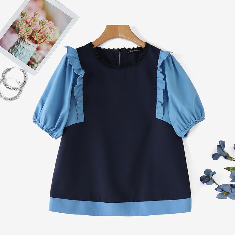 

ZANZEA Женские летние блузки с круглым вырезом и оборками, с коротким рукавом, контрастного цвета 4XL коричневый