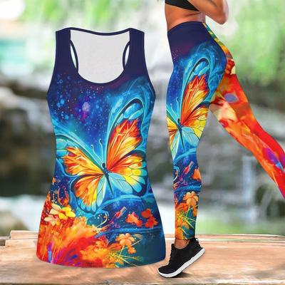Schmetterlingsprint Yoga Outfit für Damen Mode Workout Leggings Fitness Sport Freizeit Yoga Set Sportanzug