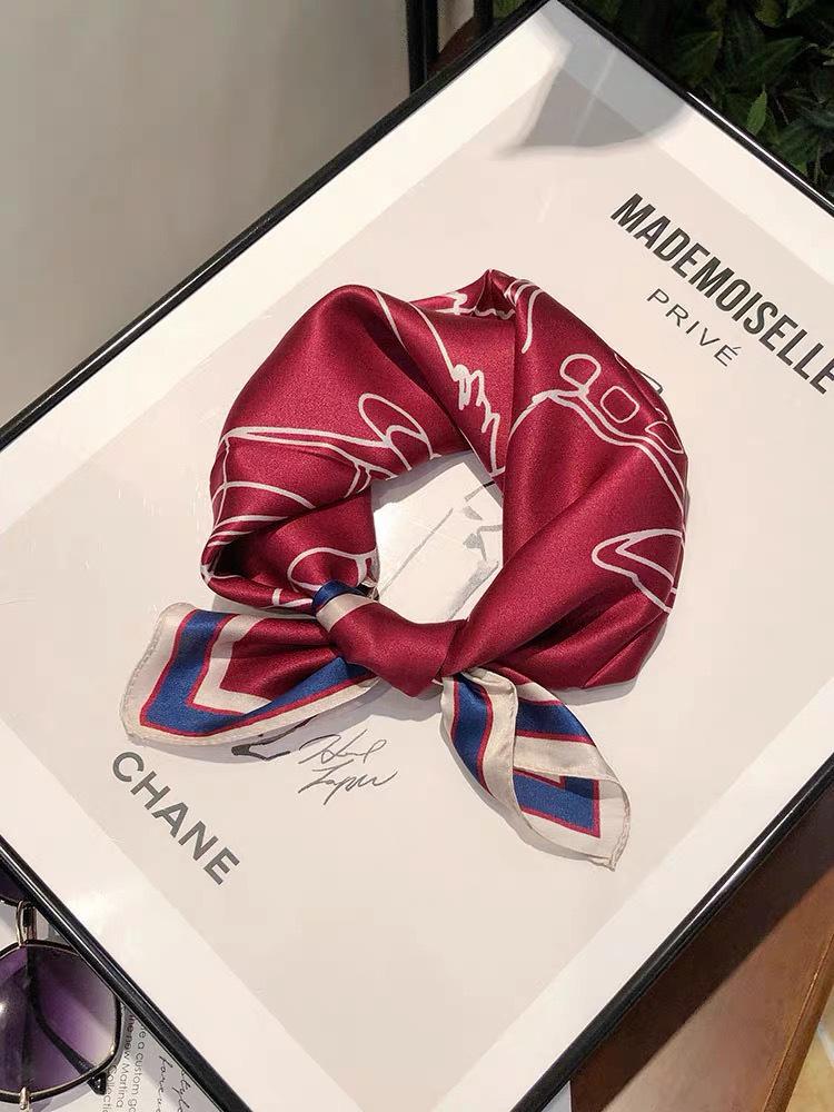 Dámský béžový hedvábný šátek - 53 cm Korejský styl Tištěný čtverec, 100% morušové hedvábí na jaro/léto