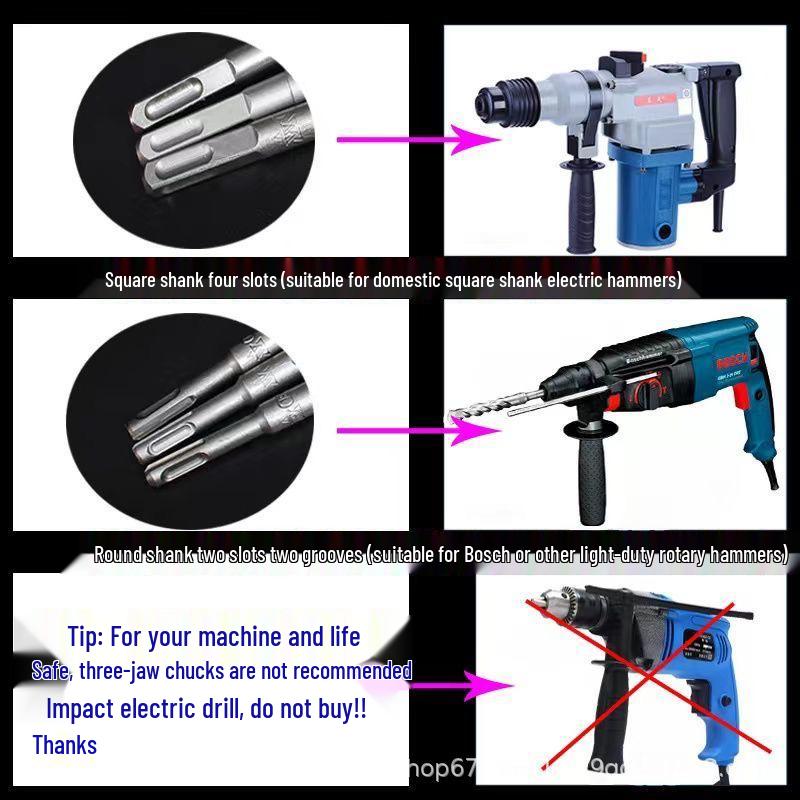 Extended Square Handle Electric Hammer Drill Bit for Concrete, Red, Round Handle, Four-Pit Impact Design